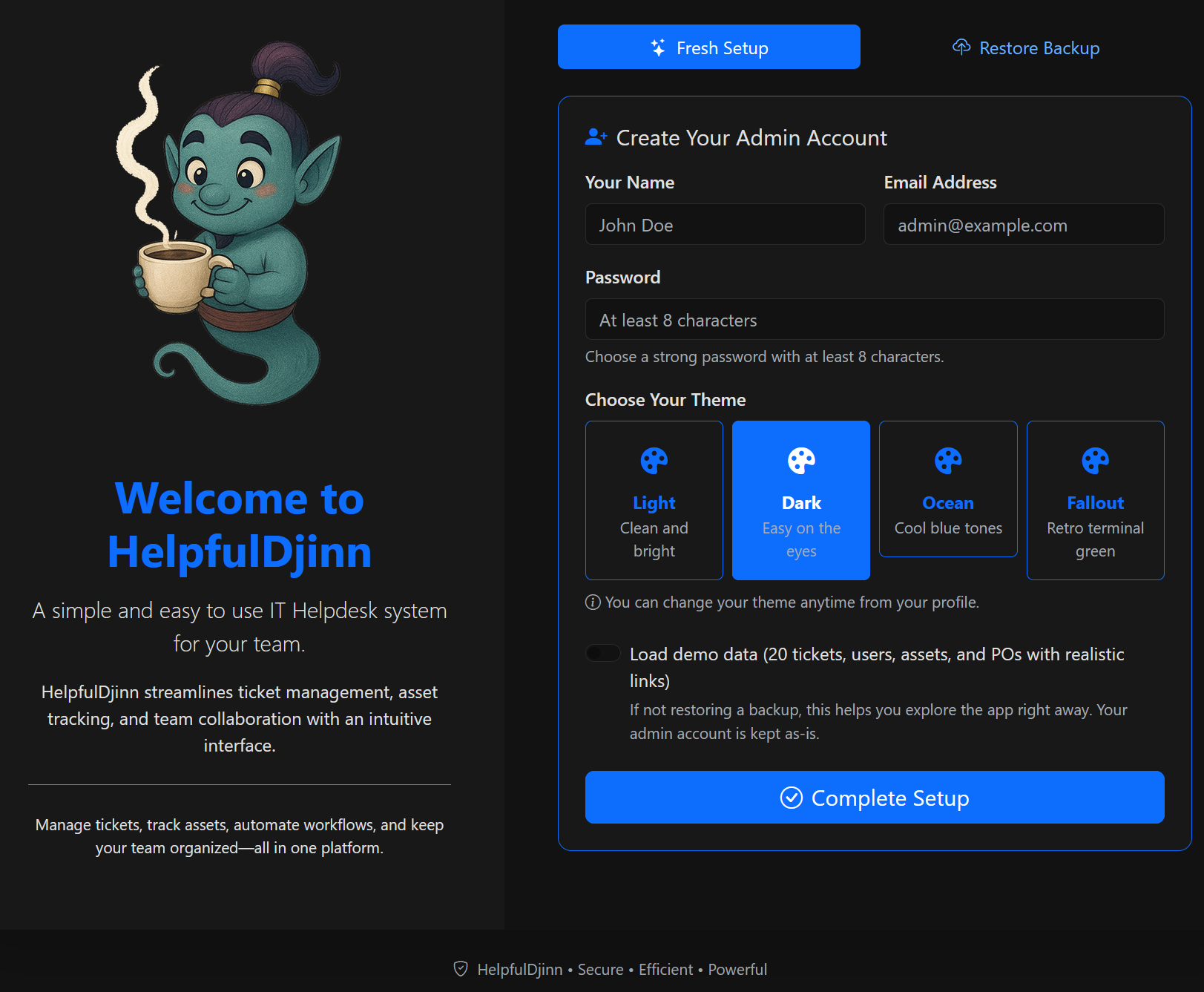 Helpful Djinn setup wizard for self-hosted help desk